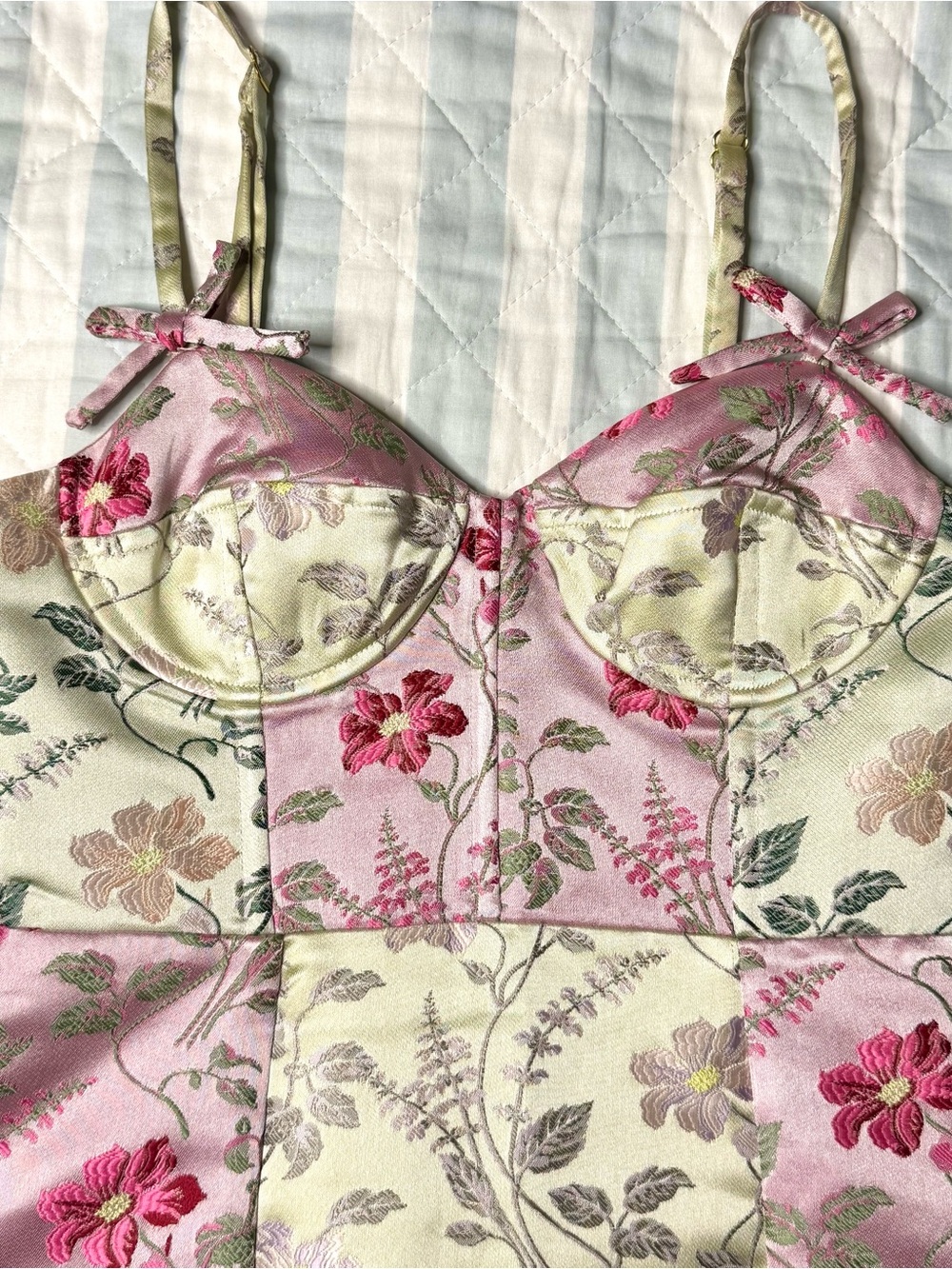 LoveShackFancy Floral Jacquard Bustier Midi Dress Pink Green Ivory Bow Strap 2 - Picture 8 of 12